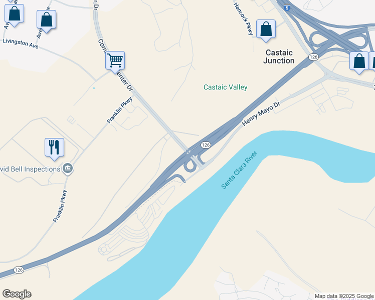 map of restaurants, bars, coffee shops, grocery stores, and more near 25520 Commerce Center Drive in Los Angeles County