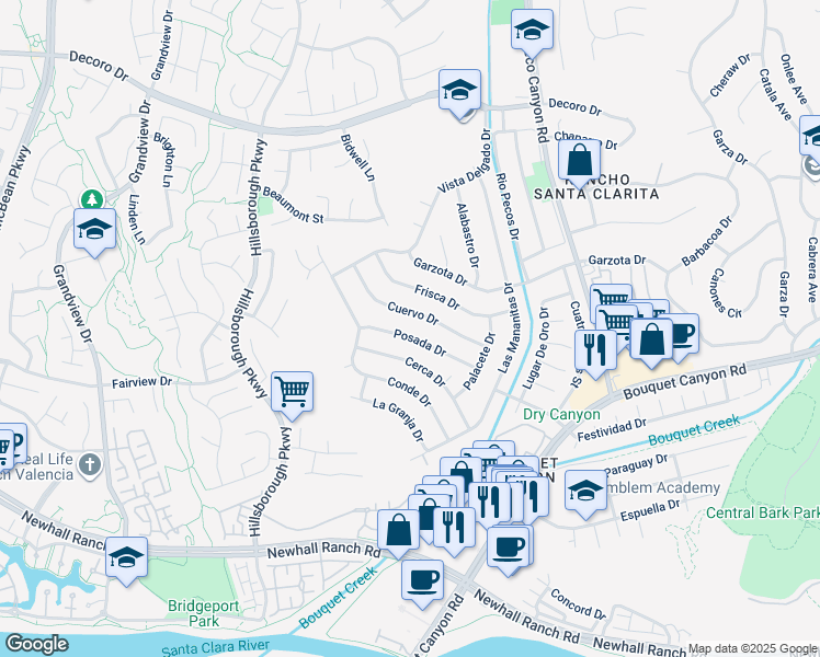 map of restaurants, bars, coffee shops, grocery stores, and more near 23041 Posada Drive in Santa Clarita