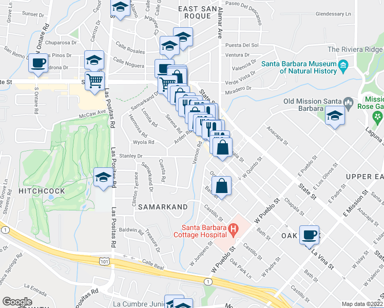 map of restaurants, bars, coffee shops, grocery stores, and more near 206 Stanley Drive in Santa Barbara
