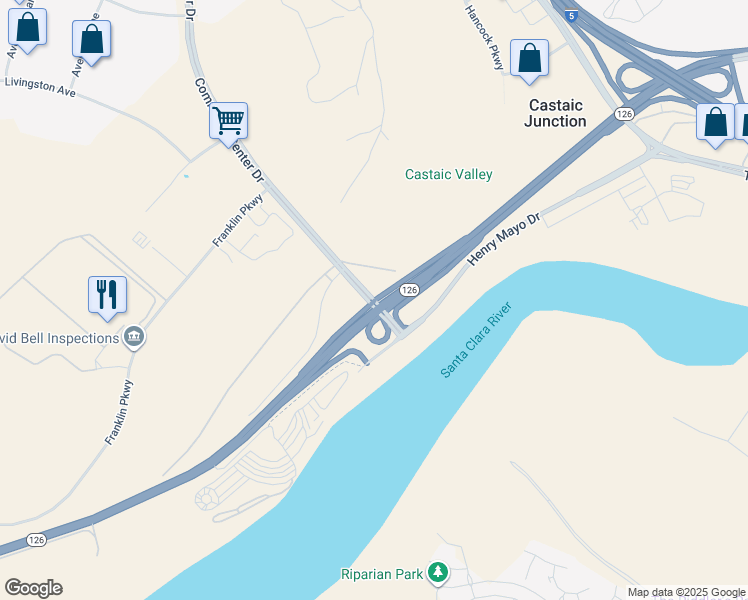 map of restaurants, bars, coffee shops, grocery stores, and more near 25520 Commerce Center Drive in Los Angeles County