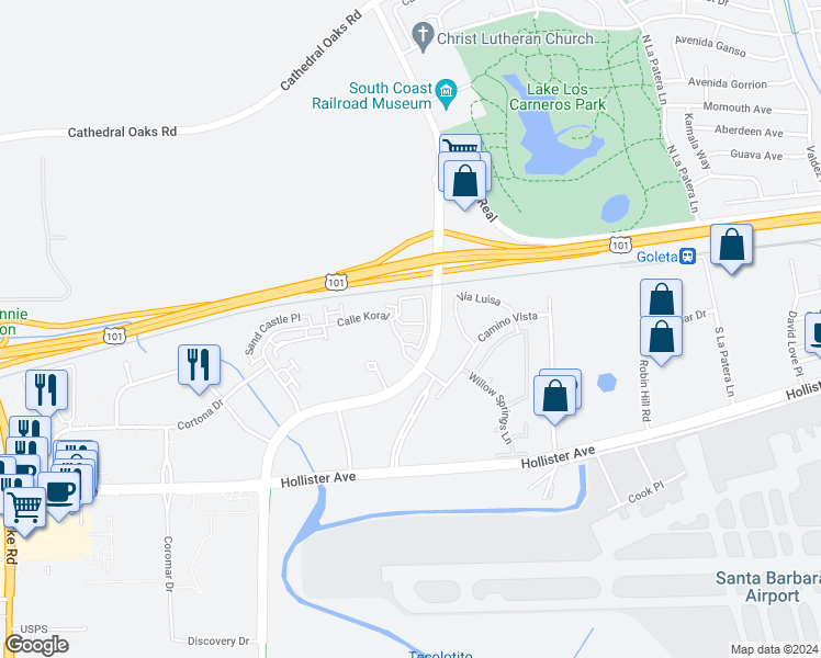 map of restaurants, bars, coffee shops, grocery stores, and more near 6511 Sea Star Court in Goleta