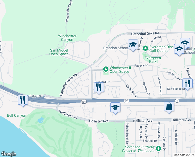 map of restaurants, bars, coffee shops, grocery stores, and more near 71 Manchester Place in Goleta