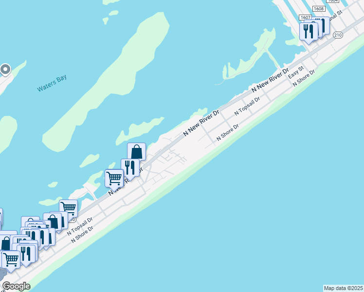map of restaurants, bars, coffee shops, grocery stores, and more near 918-531 North New River Drive in Holly Ridge
