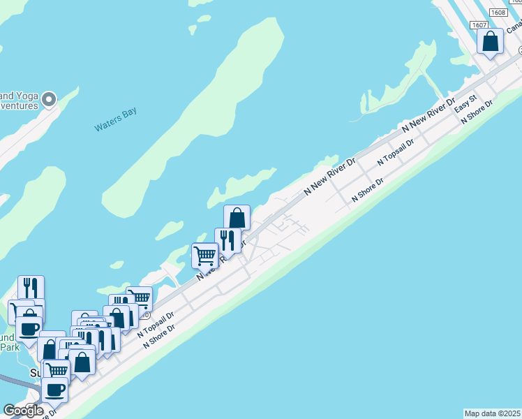 map of restaurants, bars, coffee shops, grocery stores, and more near 11 North New River Drive in Holly Ridge
