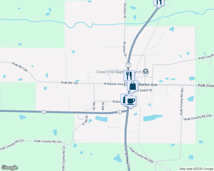 map of restaurants, bars, coffee shops, grocery stores, and more near 127 West Barton Street in Cove