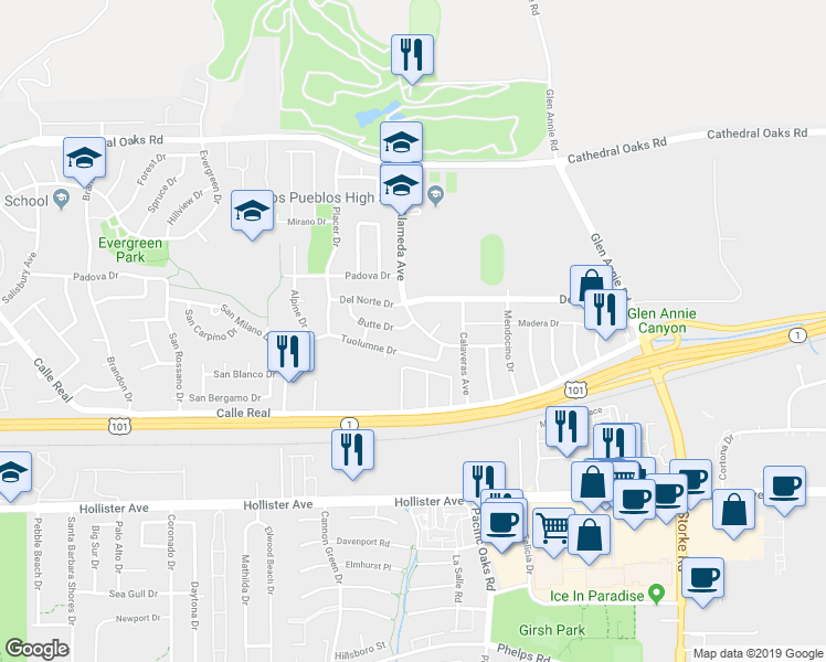 map of restaurants, bars, coffee shops, grocery stores, and more near 7185 Alameda Avenue in Goleta