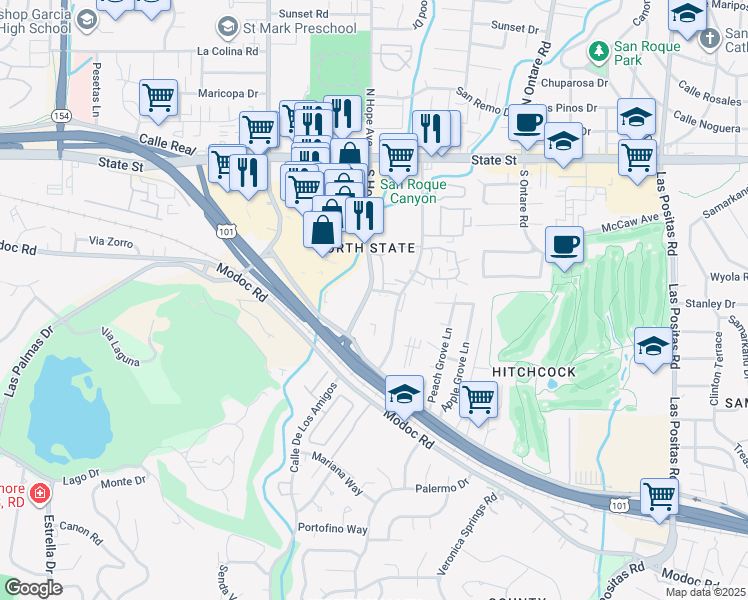 map of restaurants, bars, coffee shops, grocery stores, and more near 350 South Hope Avenue in Santa Barbara