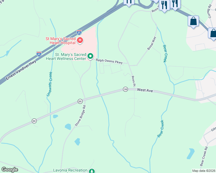 map of restaurants, bars, coffee shops, grocery stores, and more near 6950 Georgia 59 in Lavonia