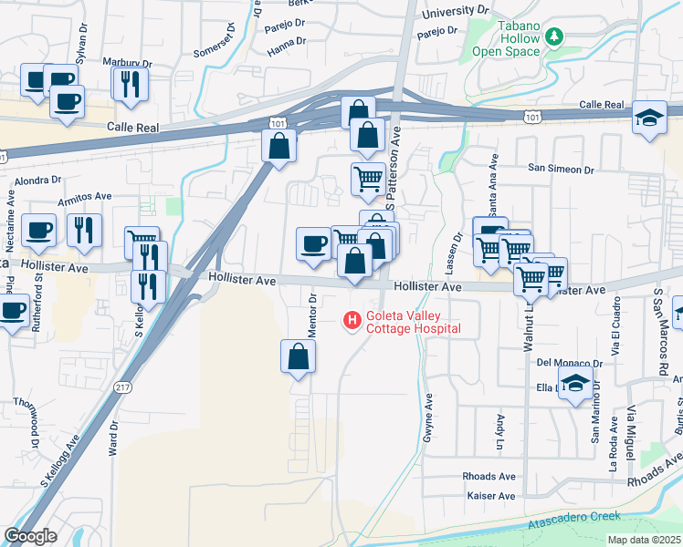 map of restaurants, bars, coffee shops, grocery stores, and more near 5350 Hollister Avenue in Goleta