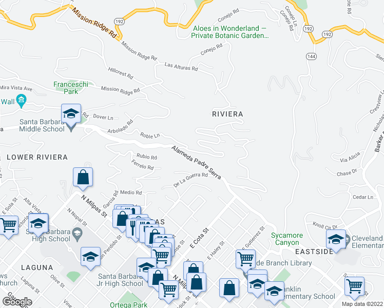 map of restaurants, bars, coffee shops, grocery stores, and more near 36 Loma Media Road in Santa Barbara
