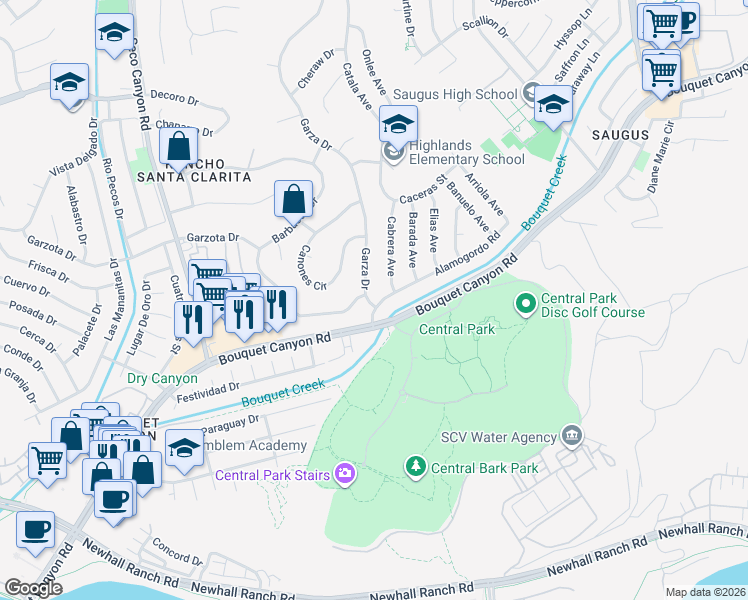 map of restaurants, bars, coffee shops, grocery stores, and more near 22123 Alamogordo Road in Santa Clarita