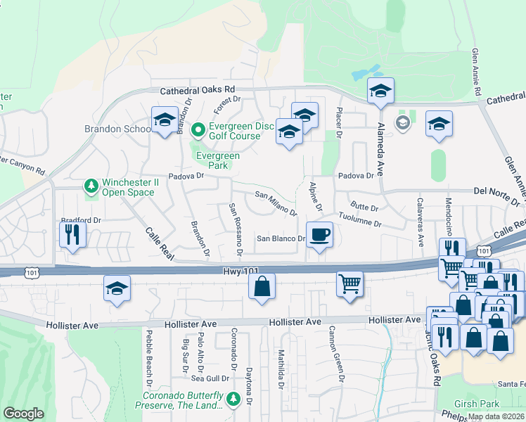 map of restaurants, bars, coffee shops, grocery stores, and more near 7432 San Carpino Drive in Goleta