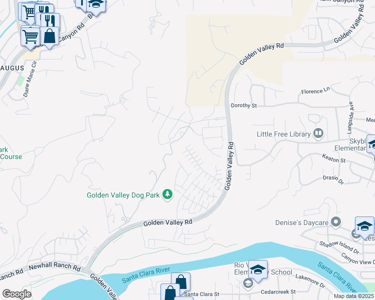 map of restaurants, bars, coffee shops, grocery stores, and more near Pinecrest Court in Santa Clarita