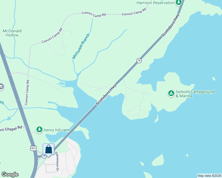 map of restaurants, bars, coffee shops, grocery stores, and more near Scottsboro Highway in Guntersville
