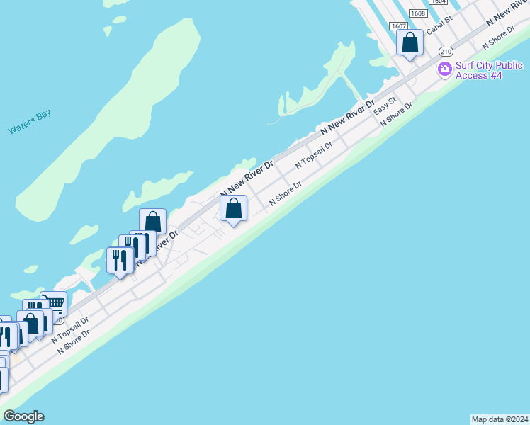 map of restaurants, bars, coffee shops, grocery stores, and more near 1014 North Shore Drive in Surf City