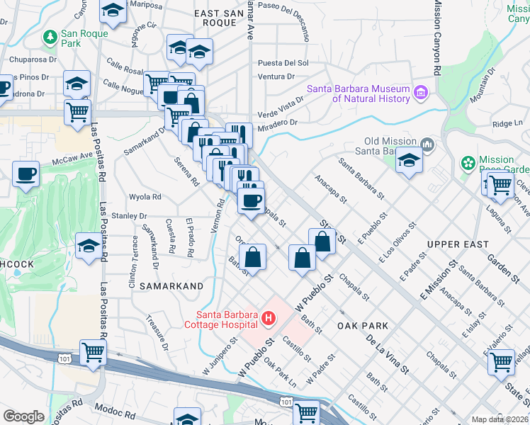 map of restaurants, bars, coffee shops, grocery stores, and more near 102 West Constance Avenue in Santa Barbara