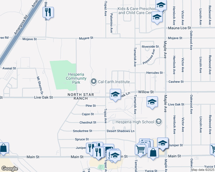 map of restaurants, bars, coffee shops, grocery stores, and more near 10179 Topaz Avenue in Hesperia