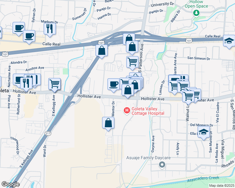 map of restaurants, bars, coffee shops, grocery stores, and more near 5396 Hollister Avenue in Goleta