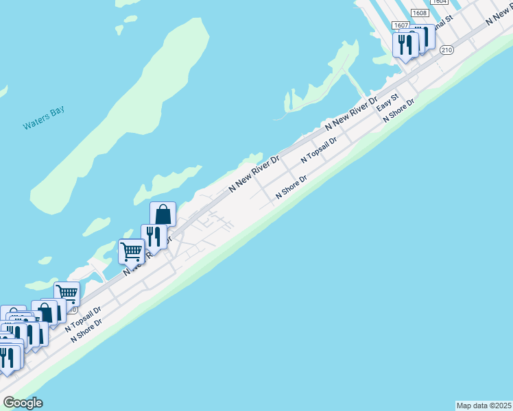 map of restaurants, bars, coffee shops, grocery stores, and more near 1005 North Shore Drive in Surf City