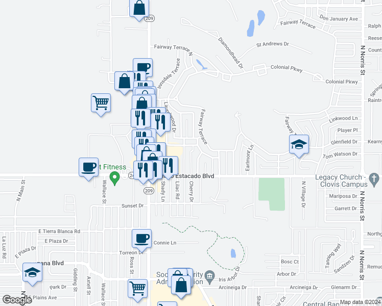 map of restaurants, bars, coffee shops, grocery stores, and more near 3534 Adenmor Court in Clovis