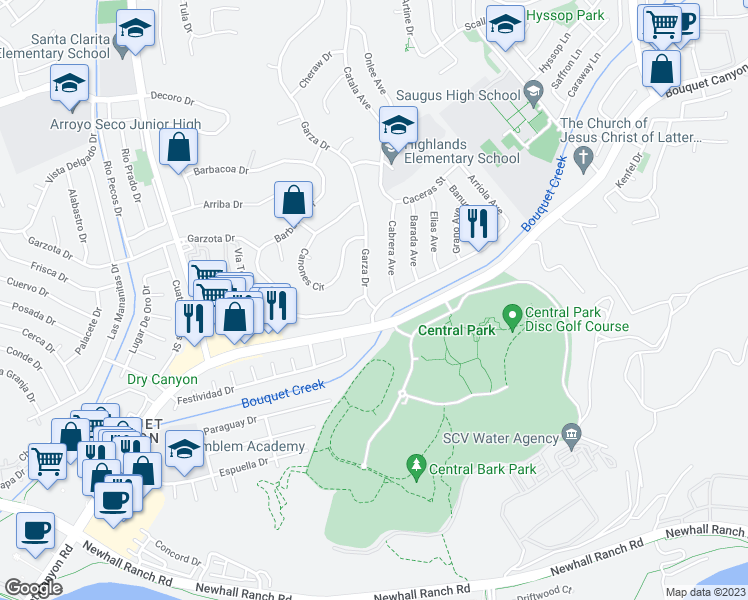 map of restaurants, bars, coffee shops, grocery stores, and more near 22123 Alamogordo Road in Santa Clarita