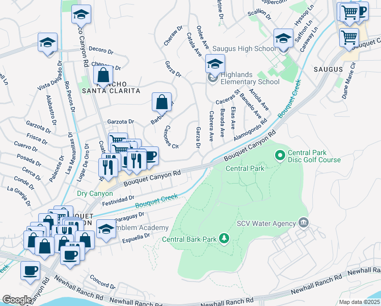 map of restaurants, bars, coffee shops, grocery stores, and more near 22113 Barbacoa Drive in Santa Clarita