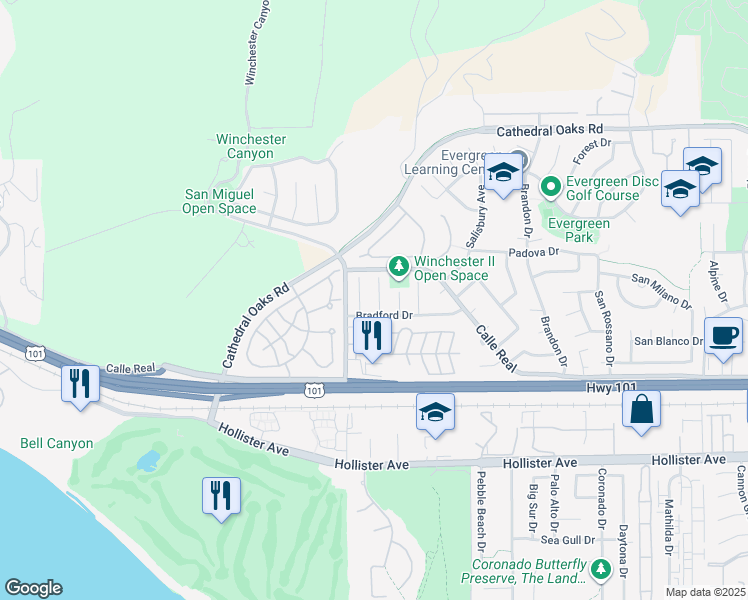 map of restaurants, bars, coffee shops, grocery stores, and more near 71 Manchester Place in Goleta