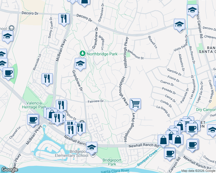 map of restaurants, bars, coffee shops, grocery stores, and more near 27152 Sanford Way in Santa Clarita