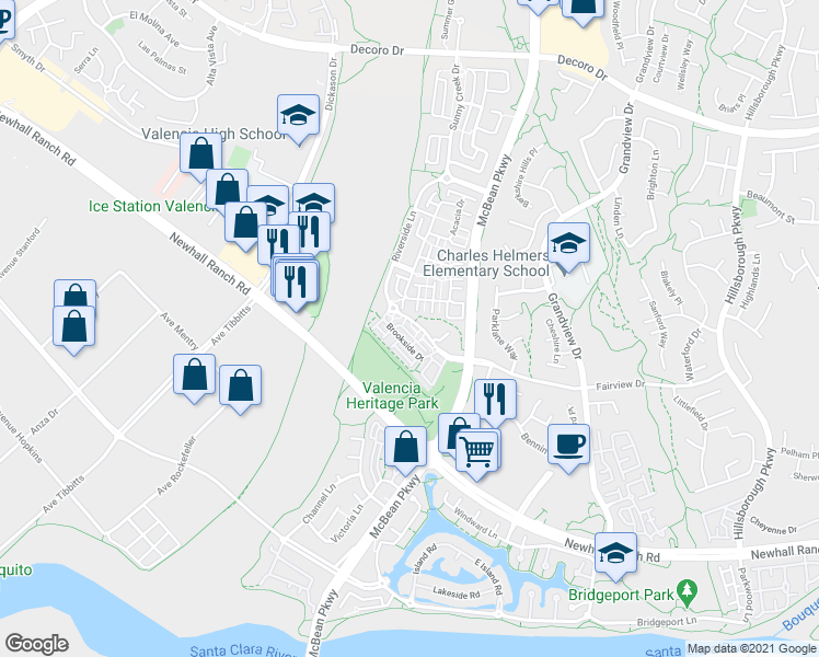 map of restaurants, bars, coffee shops, grocery stores, and more near 24115 Fairview Drive in Santa Clarita
