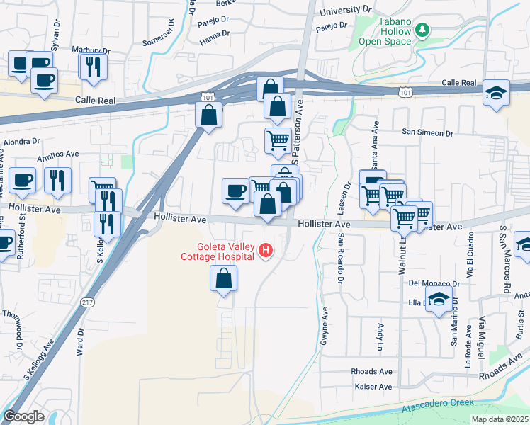 map of restaurants, bars, coffee shops, grocery stores, and more near 5350 Hollister Avenue in Goleta