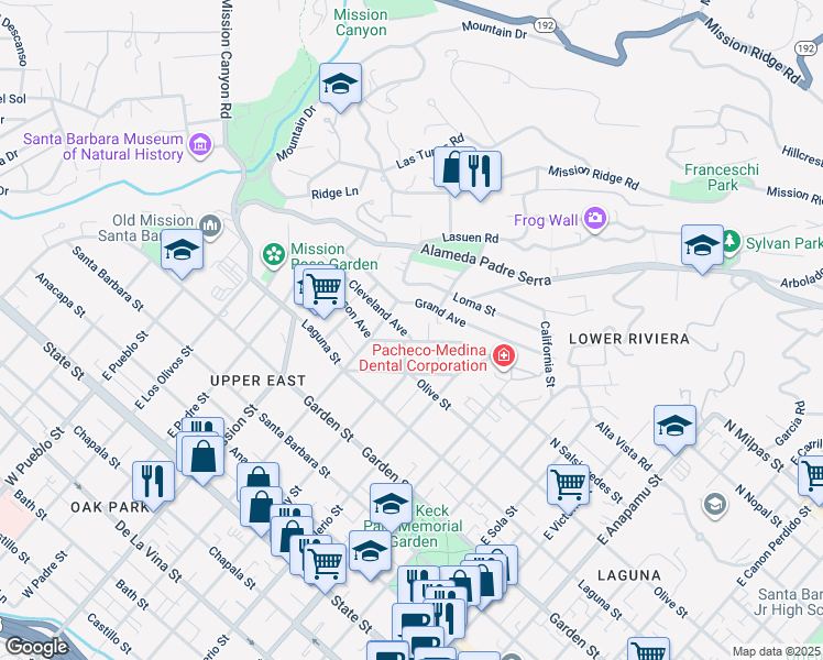 map of restaurants, bars, coffee shops, grocery stores, and more near 1804 Cleveland Avenue in Santa Barbara