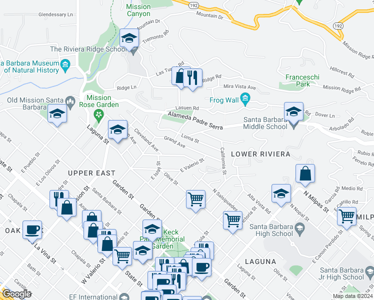 map of restaurants, bars, coffee shops, grocery stores, and more near 1733 Grand Avenue in Santa Barbara