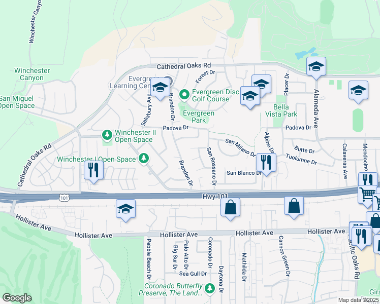 map of restaurants, bars, coffee shops, grocery stores, and more near 7549 San Bari Way in Goleta