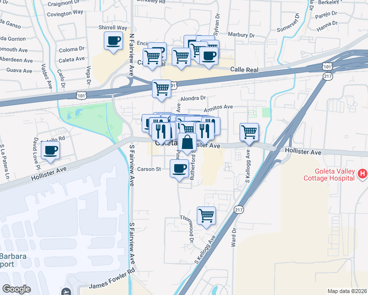 map of restaurants, bars, coffee shops, grocery stores, and more near 5777 Hollister Avenue in Goleta