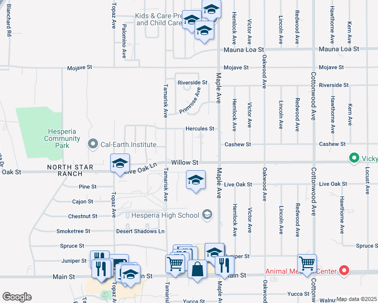 map of restaurants, bars, coffee shops, grocery stores, and more near 10171 Primrose Avenue in Hesperia