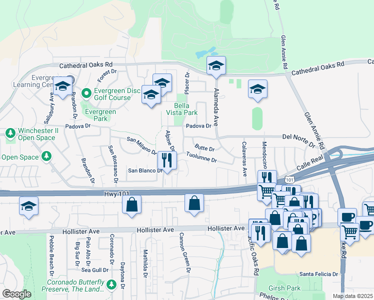 map of restaurants, bars, coffee shops, grocery stores, and more near 64 Placer Drive in Goleta