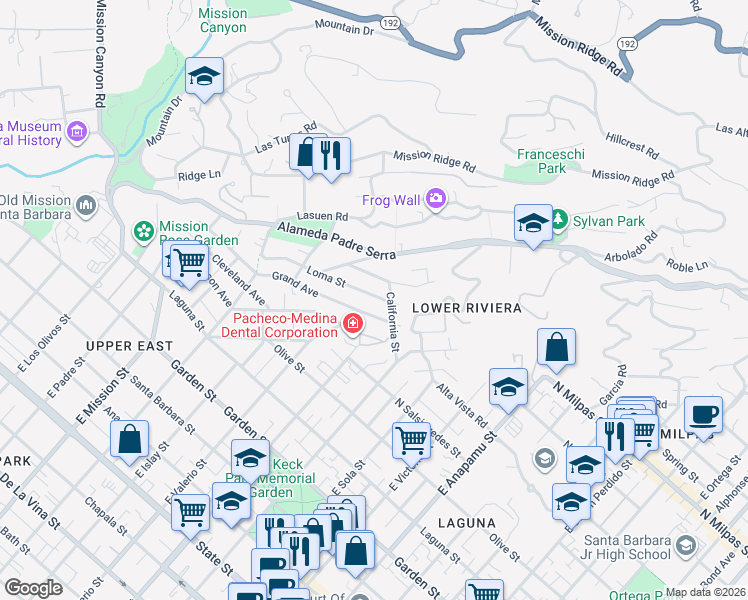 map of restaurants, bars, coffee shops, grocery stores, and more near 1615 Loma Street in Santa Barbara