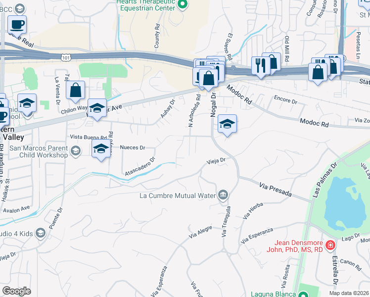 map of restaurants, bars, coffee shops, grocery stores, and more near 340 Arboleda Rd in Santa Barbara
