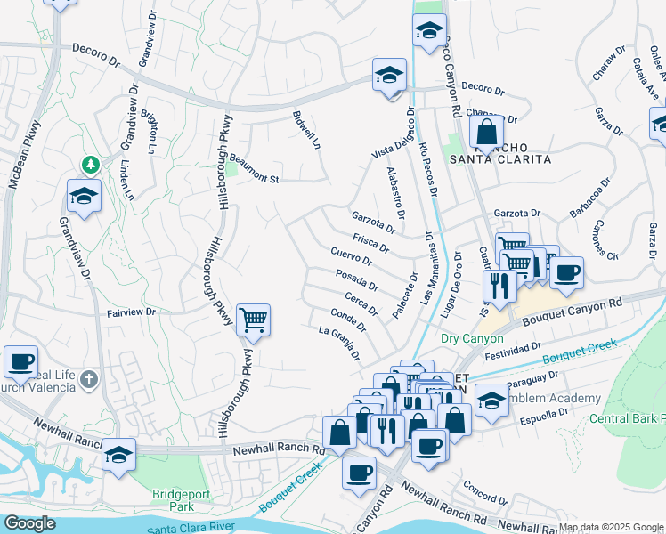 map of restaurants, bars, coffee shops, grocery stores, and more near 23119 Posada Drive in Santa Clarita
