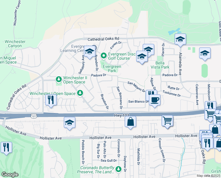 map of restaurants, bars, coffee shops, grocery stores, and more near 7549 San Bari Way in Goleta