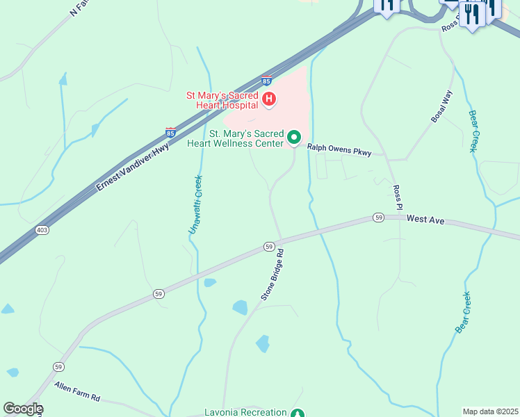 map of restaurants, bars, coffee shops, grocery stores, and more near 1 Clear Creek Parkway in Lavonia