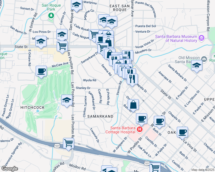 map of restaurants, bars, coffee shops, grocery stores, and more near 238 Stanley Drive in Santa Barbara