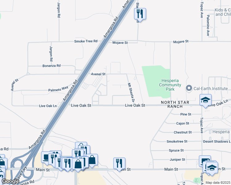 map of restaurants, bars, coffee shops, grocery stores, and more near 13536 Mount Ranier Way in Hesperia