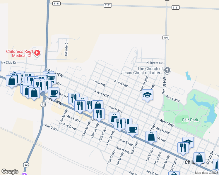 map of restaurants, bars, coffee shops, grocery stores, and more near 1301 Ave J Northwest in Childress