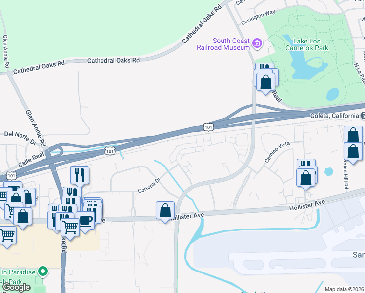 map of restaurants, bars, coffee shops, grocery stores, and more near 6634 Calle Koral in Goleta