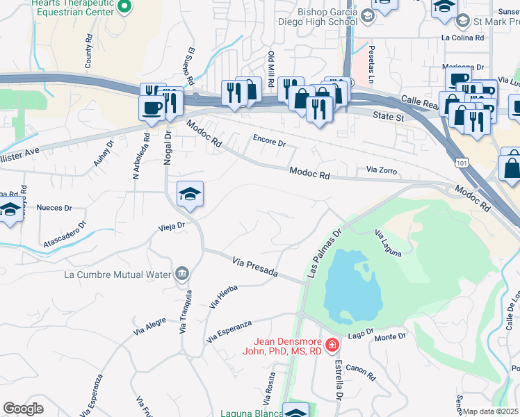 map of restaurants, bars, coffee shops, grocery stores, and more near 400 Via Dichosa in Santa Barbara