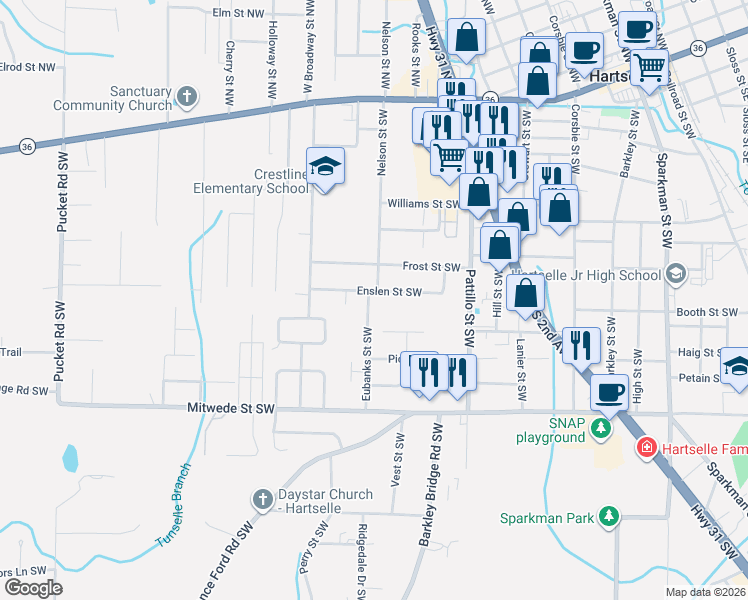 map of restaurants, bars, coffee shops, grocery stores, and more near 728 Enslen Street Southwest in Hartselle