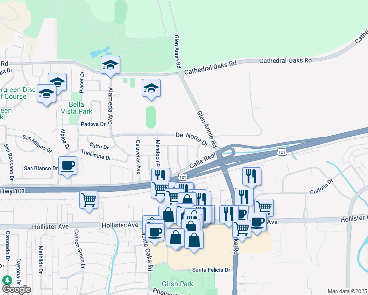 map of restaurants, bars, coffee shops, grocery stores, and more near 61 Amador Avenue in Goleta
