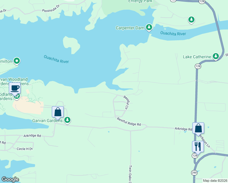 map of restaurants, bars, coffee shops, grocery stores, and more near 310 Restful Ridge Road in Hot Springs