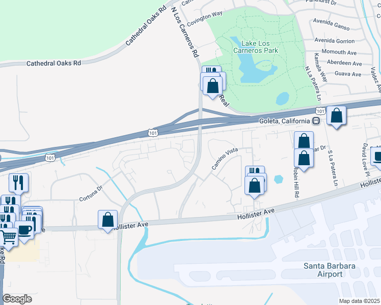 map of restaurants, bars, coffee shops, grocery stores, and more near 6511 Sea Star Court in Goleta